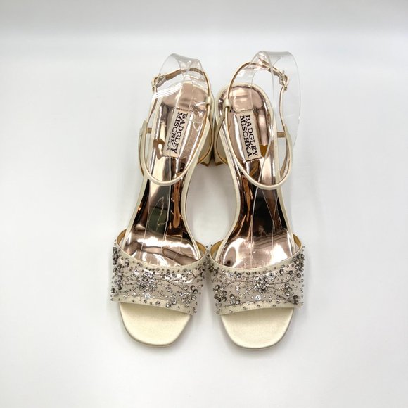 Badgley Mischka Size 8.5 Blaine Ivory Satin Jeweled Dress Sandals Heels Shoes - Picture 3 of 12